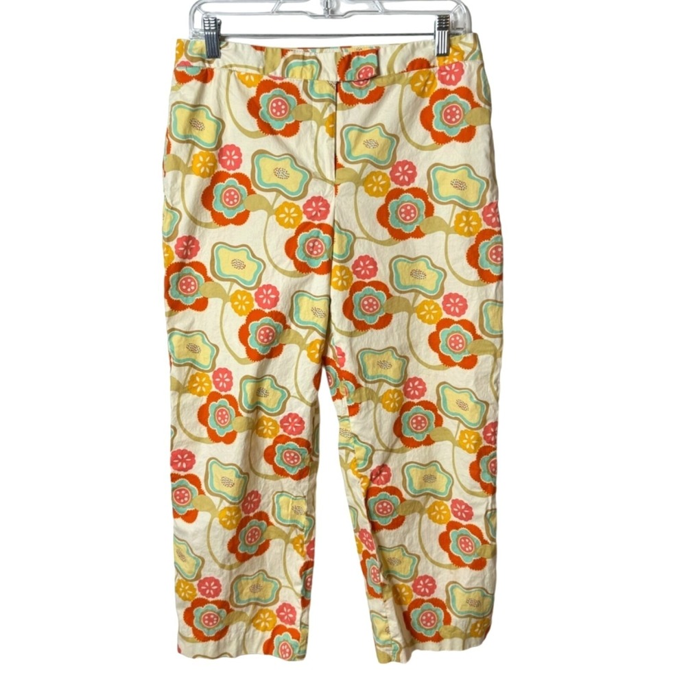J McLaughlin Crop Pant Sz 8 Cream Multicolor Floral Pockets Stretch Summer Beach